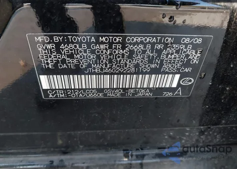 2009 Lexus Es 350 from USA, damaged, VIN JTHBJ46G292281199